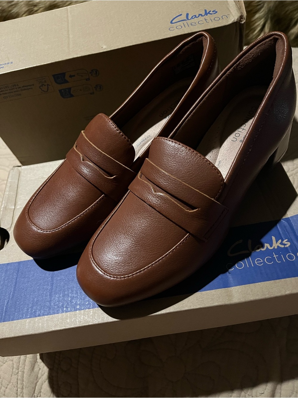 Clarks Collection Brown Leather Penny Loafers with heel-- NEW in box